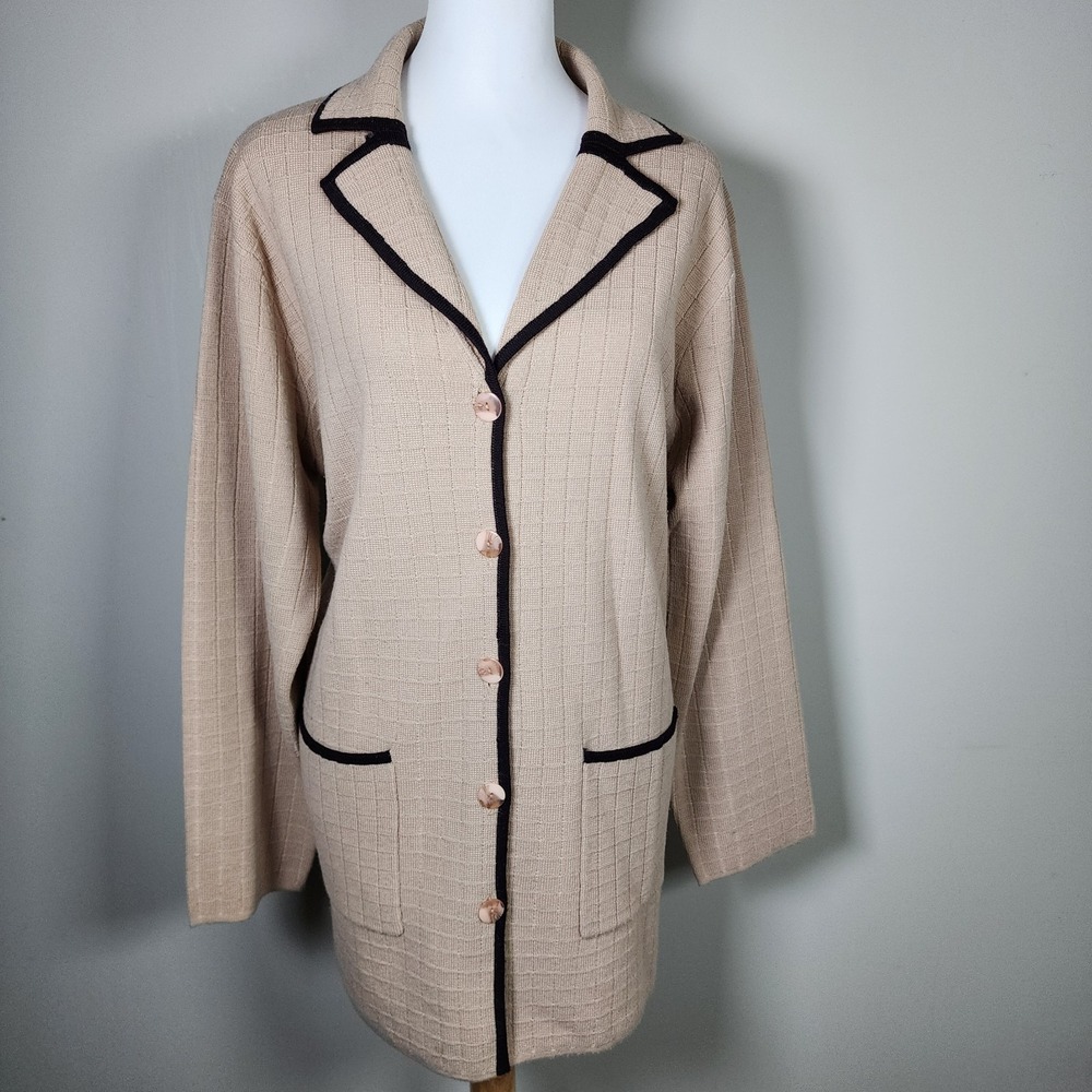 Devonshire Cream Cardigan Sweater Womens Large Tan Black Trim Wool Blend‎ Ribbed